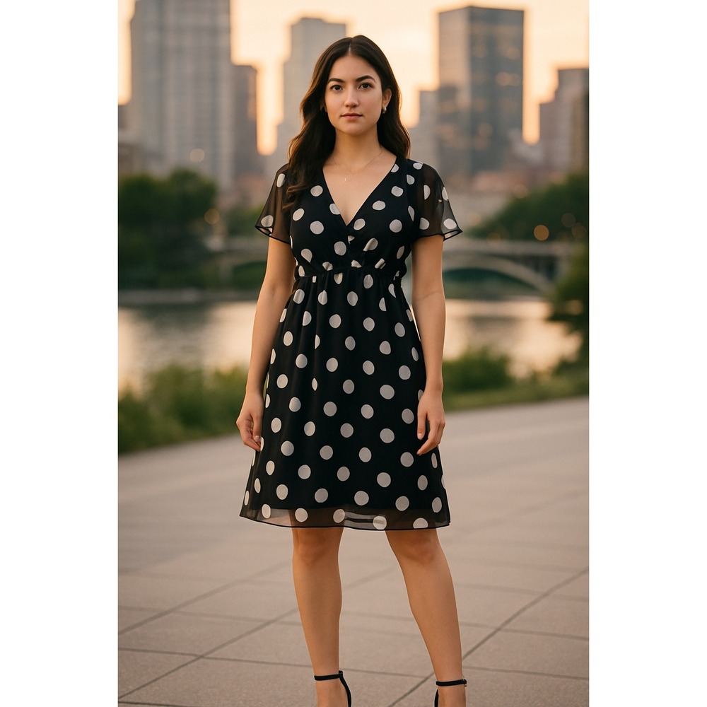 Dress Barn Black White Polka Dot V-Neck Short Sleeve Empire‎ Retro Dress Size 8